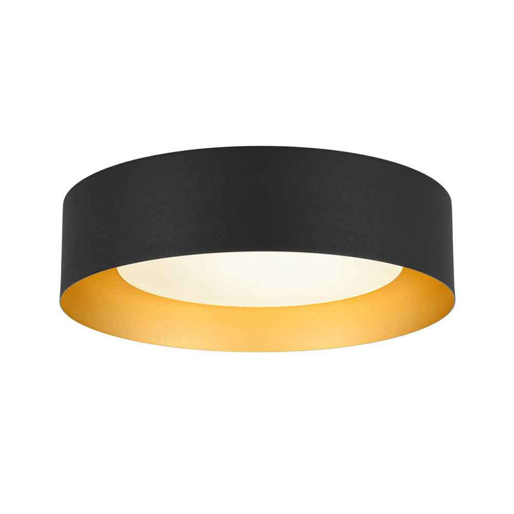 Plafonnier LED noir avec abat-jour rond, diffuseur blanc, intérieur doré.