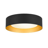 Plafonnier LED noir avec abat-jour rond, diffuseur blanc, intérieur doré.