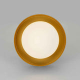 Plafonnier LED tambour, bord doré et diffuseur circulaire en verre laiteux.
