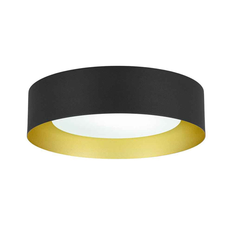 Plafonnier LED en métal noir avec diffuseur blanc et anneau doré, vue de dessus.