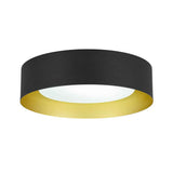 Plafonnier LED en métal noir avec diffuseur blanc et anneau doré, vue de dessus.