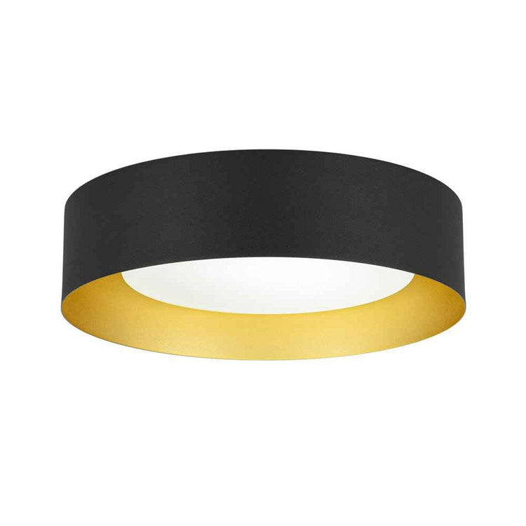 Plafonnier LED noir : diffuseur blanc central, anneau doré autour de l’ouverture.