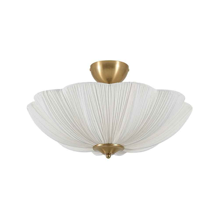 Plafonnier avec abat-jour tissu ondulé en forme de fleur, blanc, base dorée.