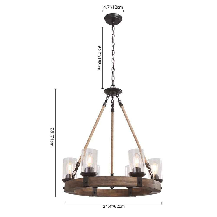 Suspension roue à godets en bois et métal noir, chaîne centrale et 4 ampoules