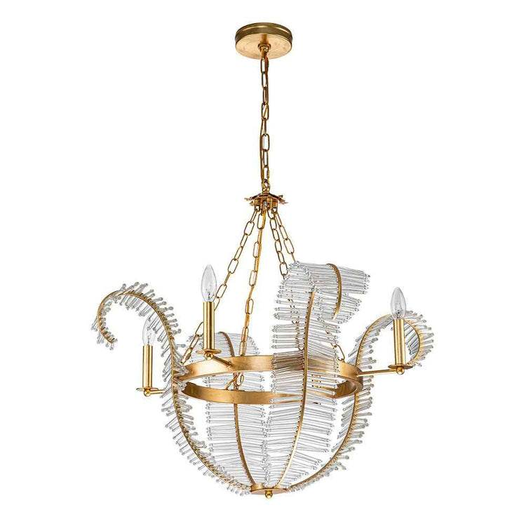 Lustre suspendu doré, coupelles en cristal et ampoules à flamme