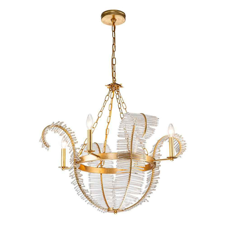 Lustre suspendu doré avec coupelles en cristal transparent et bras multiples