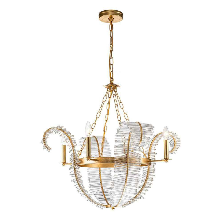 Lustre suspendu doré en cristal transparent avec chaînes et bras incurvés