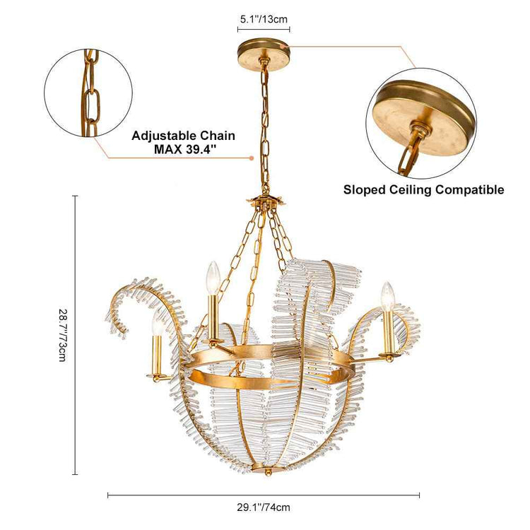 Lustre suspendu doré en cristal transparent, hauteur ajustable par chaîne