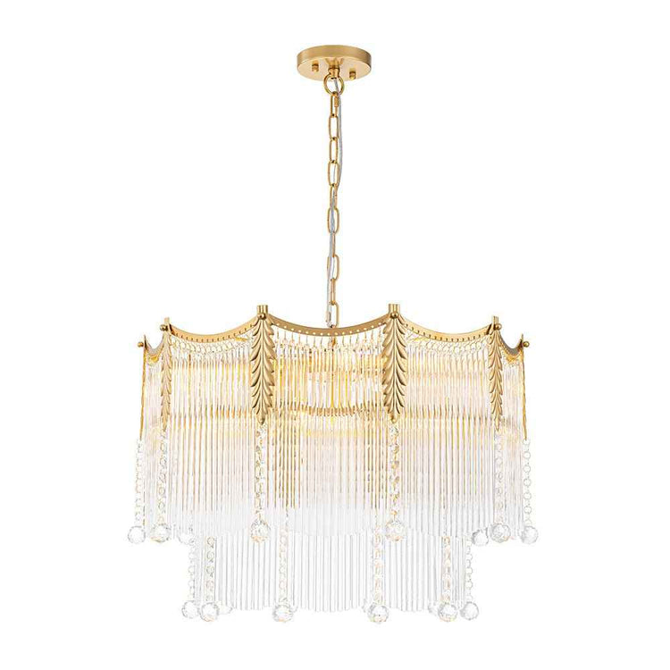 Lustre en verre goutte à étages, monture dorée circulaire, franges cristallines et pendeloques