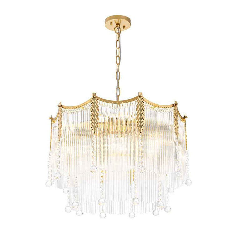 Lustre à franges goutte de cristal avec capuchon de plafond doré et chaînette de suspension