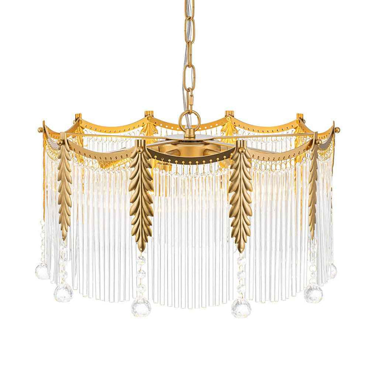 Lustre en verre goutte en cristaux, monture dorée, franges pendantes et petites boules