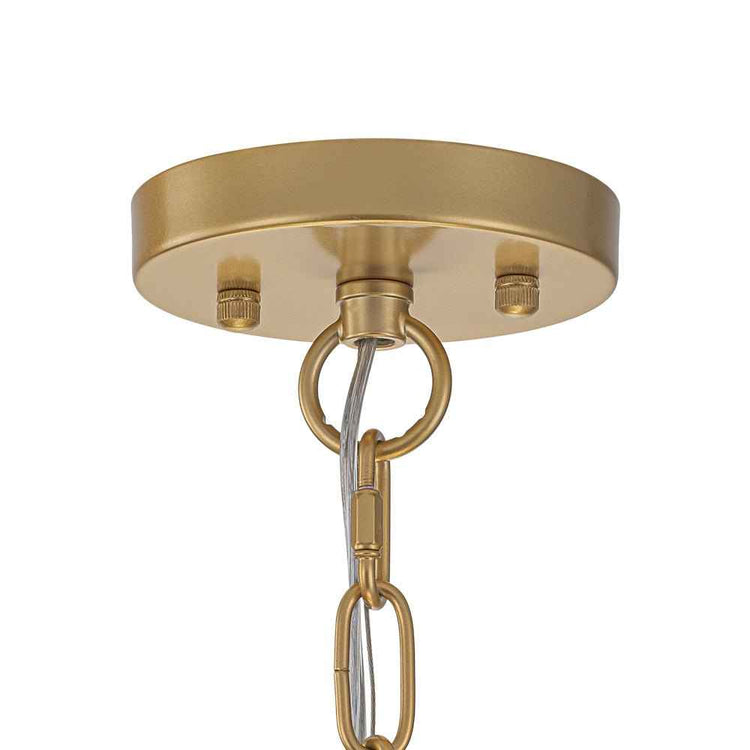 Plafonnier rond doré avec chaîne à maillons et support de lustre en métal.