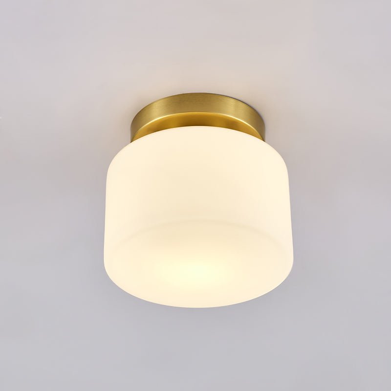Plafonnier en verre blanc cylindrique, monture dorée