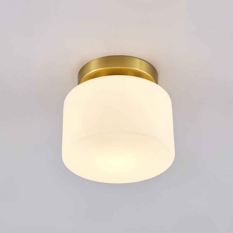 Plafonnier en verre blanc cylindrique, monture dorée