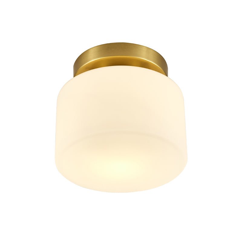 Plafonnier en verre cylindrique blanc, monture dorée