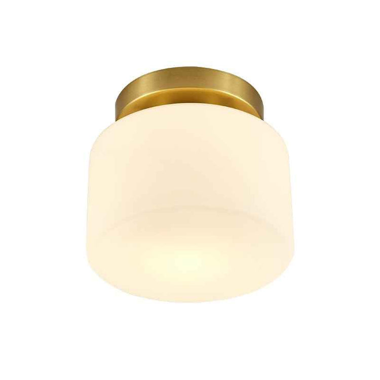 Plafonnier en verre cylindrique blanc, monture dorée