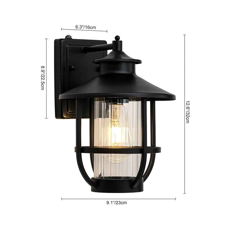 Applique extérieure noire, lanterne à cage en verre avec dimensions indiquées