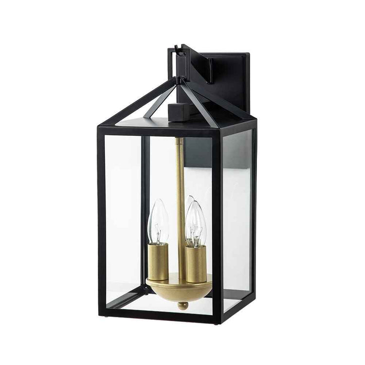 Applique extérieure à lanterne noire, verre transparent, deux ampoules et base dorée.