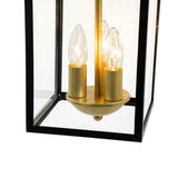 Lanterne extérieure rectangulaire cadre noir, verre transparent et base dorée, 2 ampoules