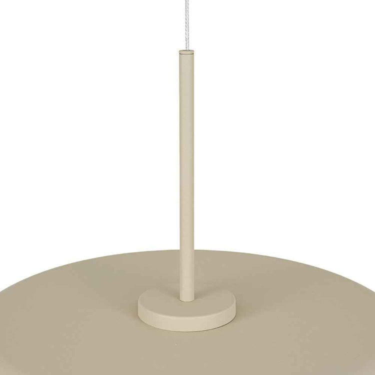Abat-jour dôme beige sur tige centrale, base cylindrique de suspension LED