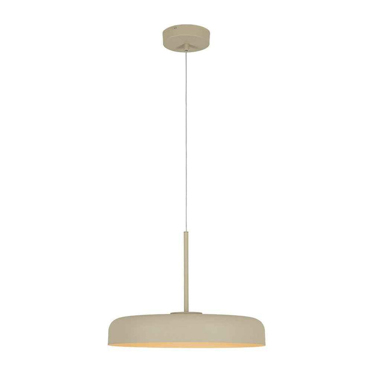 Luminaire suspendu LED à abat-jour dôme beige, fixations au plafond et tige visible