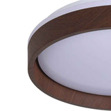 Plafonnier LED rond effet bois, bord brun texturé, diffuseur gris clair (éteint).