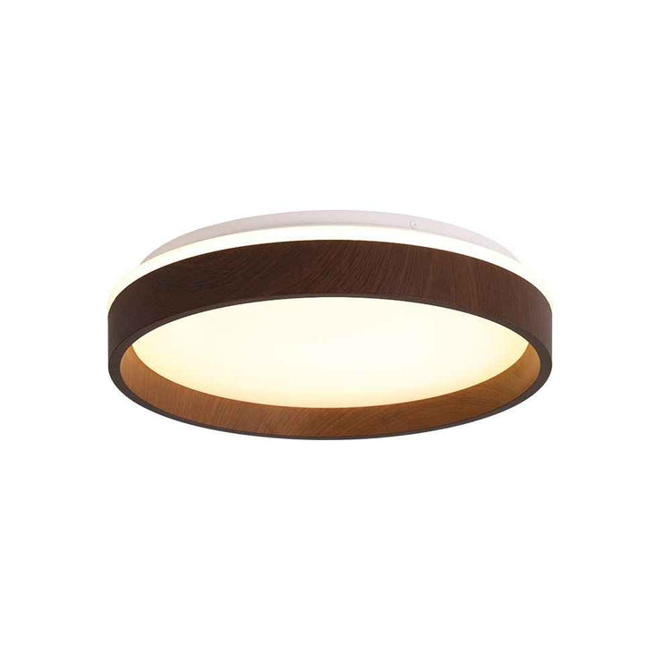 Plafonnier LED rond effet bois, bord brun et diffuseur blanc allumé.