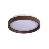 Plafonnier LED rond effet bois, bord brun et diffuseur blanc (éteint).