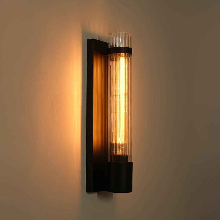 Applique murale avec tube vertical en verre, support noir et base noire