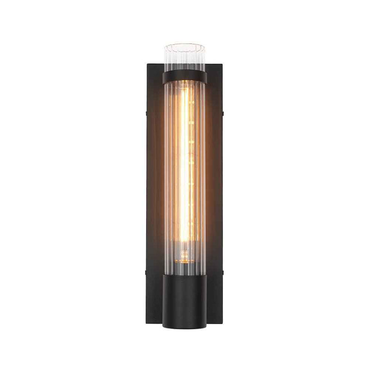 Applique murale avec tube en verre cylindrique rayé et support noir, éclairage chaud