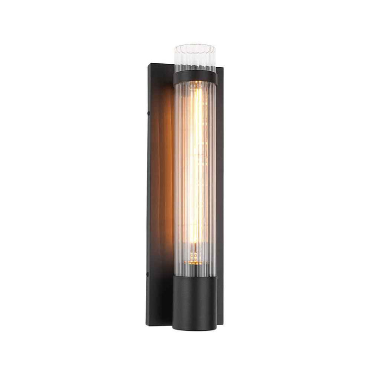 Applique murale avec tube en verre cylindrique rayé et support noir, éclairage chaud