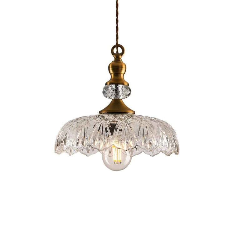 Suspension en dôme de verre transparent avec monture dorée et motif en pétales