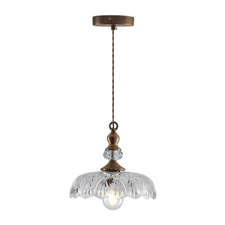 Suspension avec câble et coupole dorée, abat-jour en verre transparent en forme de fleurs