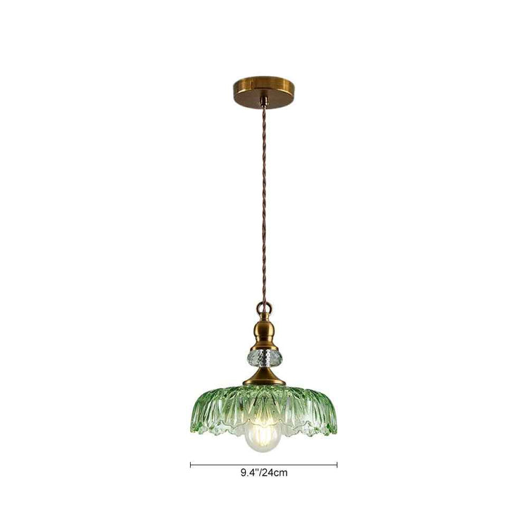 Suspension en verre vert en dôme, monture laiton et câble, hauteur indiquée