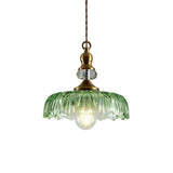 Suspension en verre vert en dôme, base laiton et ampoule Edison visible
