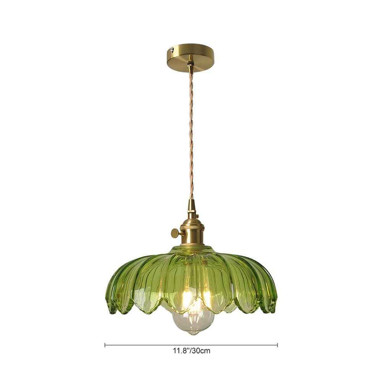Suspension en verre vert dôme fleur avec fixation dorée au plafond