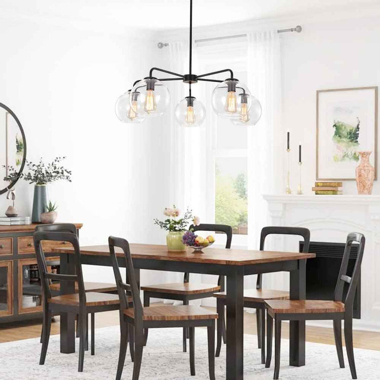 Lustre moderne noir avec verre soufflé, 3 globes en verre transparent.