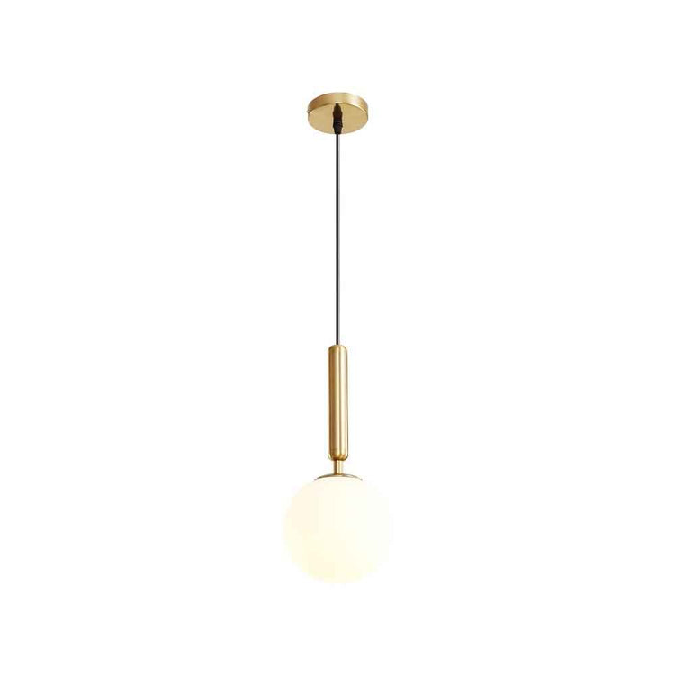 Suspension mini à globe opale, armature laiton, cache plafond rond