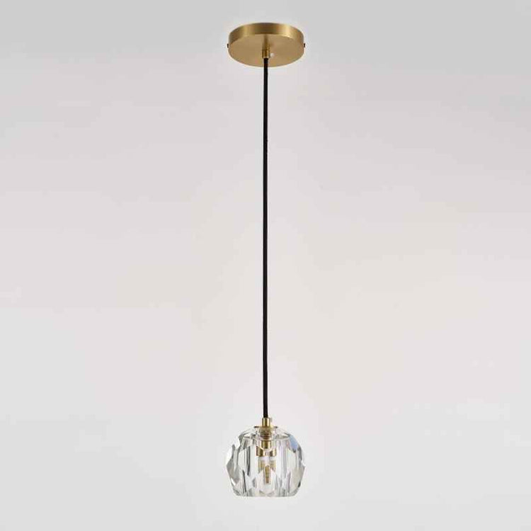 Suspension en cristal facetté, fixation plafond ronde laiton et câble noir