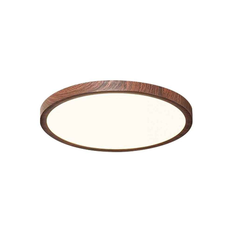 Plafonnier LED ultra-fin minimaliste rond, bord en bois brun, diffuseur blanc