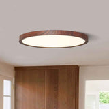 Plafonnier LED ultra-fin minimaliste au plafond, bord en bois brun et disque blanc