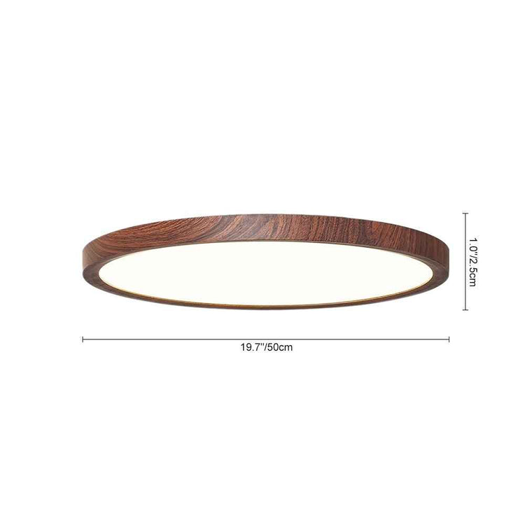 Plafonnier LED rond ultra-fin, anneau en bois marron et cercle lumineux.