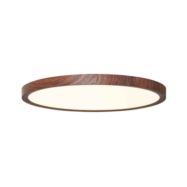 Plafonnier LED ultra-fin minimaliste, forme ronde, cadre en bois brun, disque clair