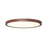 Plafonnier LED ultra-fin minimaliste, forme ronde, cadre en bois brun, disque clair