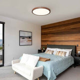 Plafonnier LED ultra-fin minimaliste rond, bord en bois brun, lumière blanche