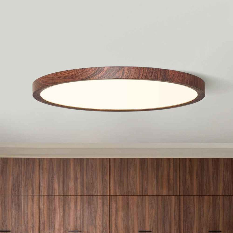 Plafonnier LED ultra-fin minimaliste avec anneau en bois brun et diffuseur blanc