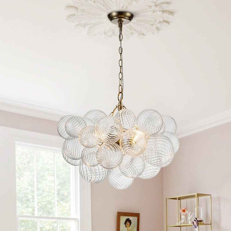 Lustre moderne en grappe de globes en verre, finition laiton et disque de plafond