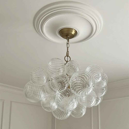 Lustre moderne en verre transparent, grappe de globes, monture dorée