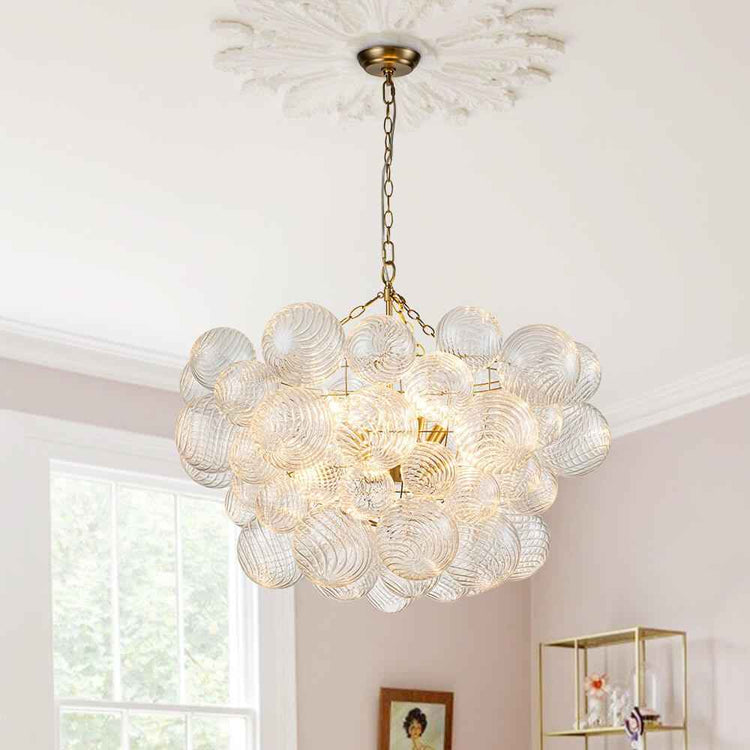 Lustre moderne en grappe de globes en verre, monture laiton, suspension chaîne