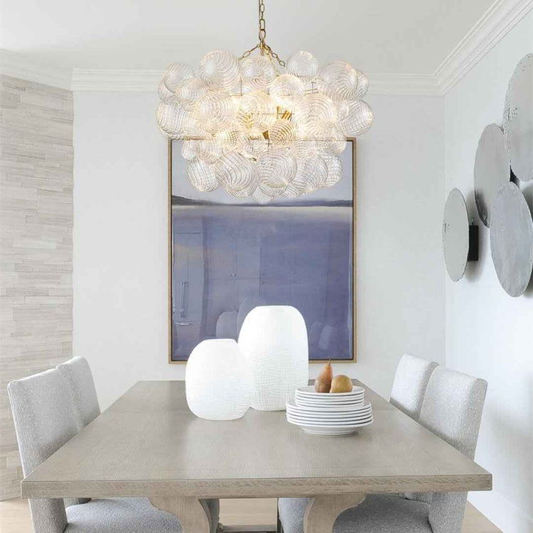 Lustre en grappe de globes en verre transparent, monture dorée, suspension chaîne